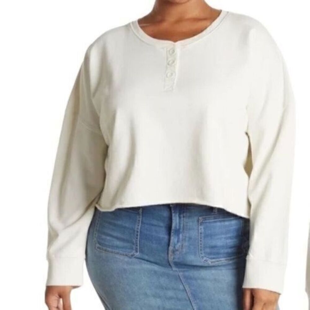 Abound Nordstrom Henley Fleece Organic Cotton Crop Sweatshirt 1X Ivory